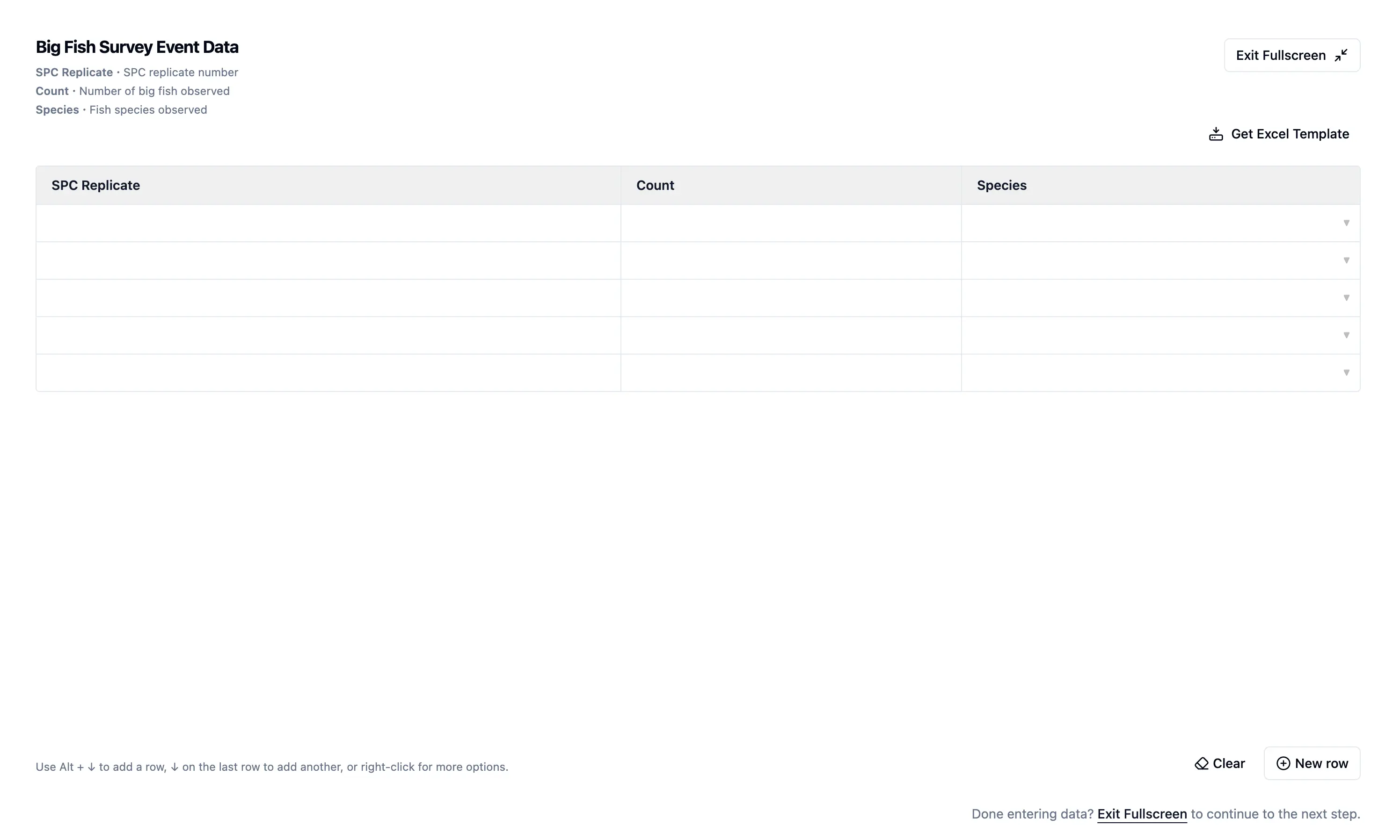 Survey table in fullscreen mode with visible instruction and exit button